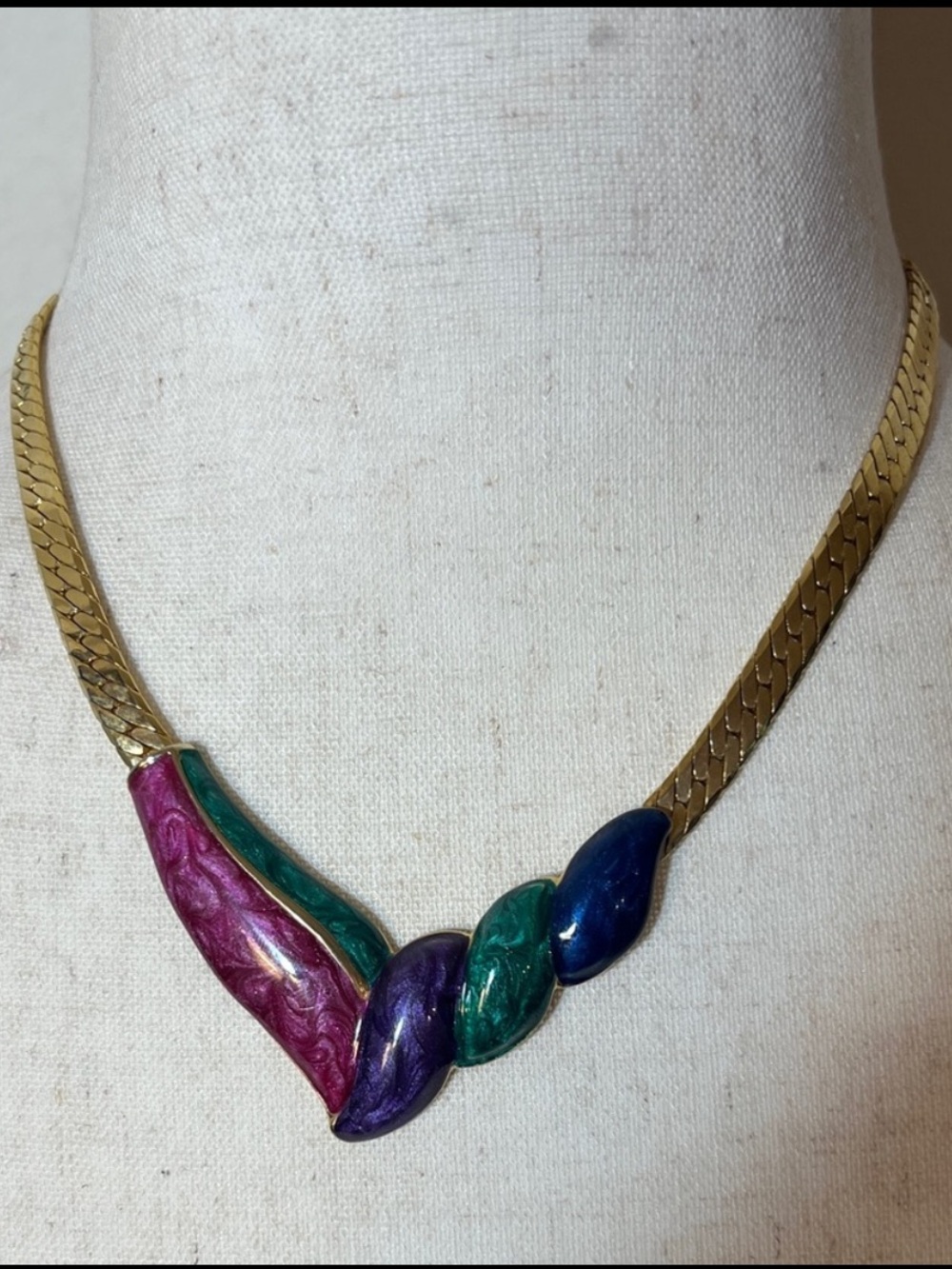 Vintage 80s Pink Purple Green Gold Omega Chain Multicolor Enamel Necklace